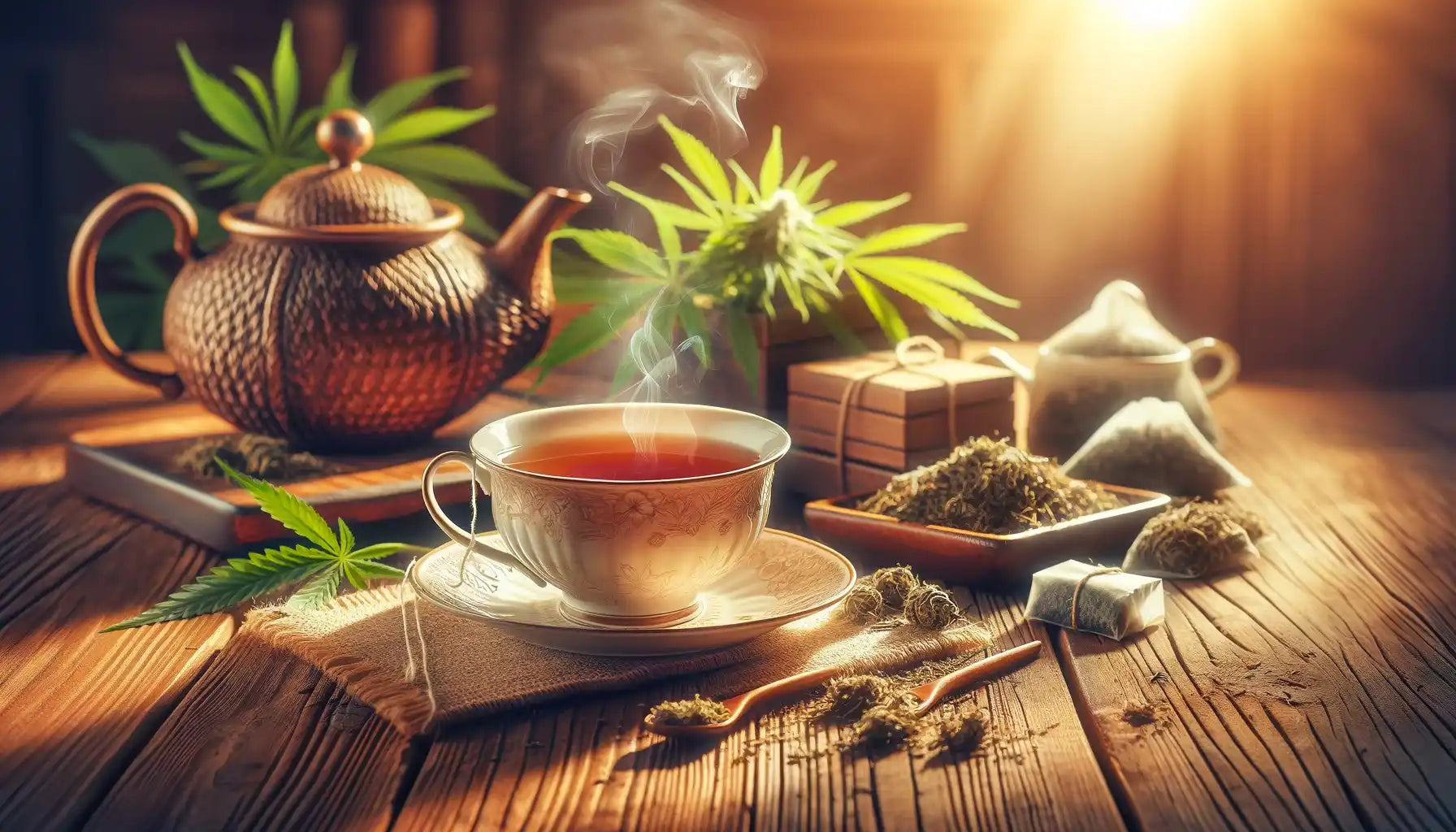 Dampferbecher mit Cannabis-Tee.